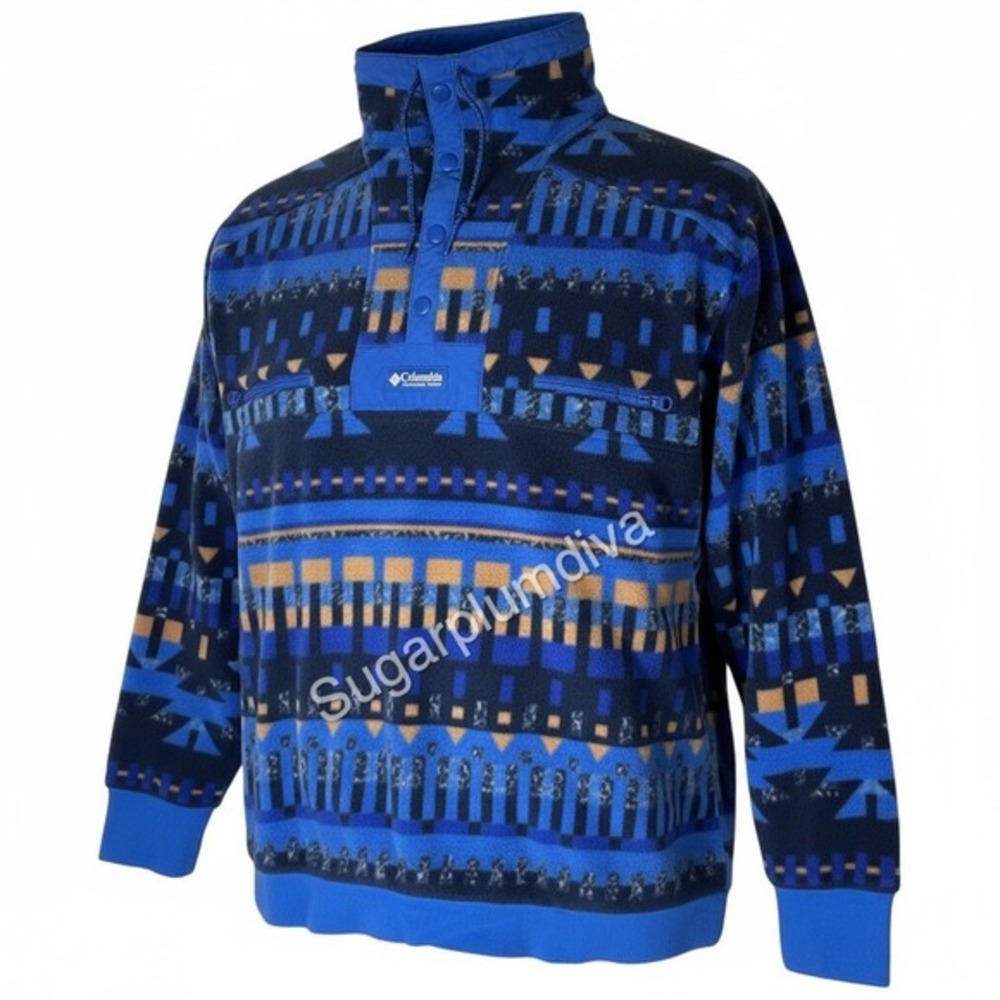 Columbia Powder Keg Fleece Blue Aztec Pullover Top‎ Sweatshirt MEDIUM Southwest